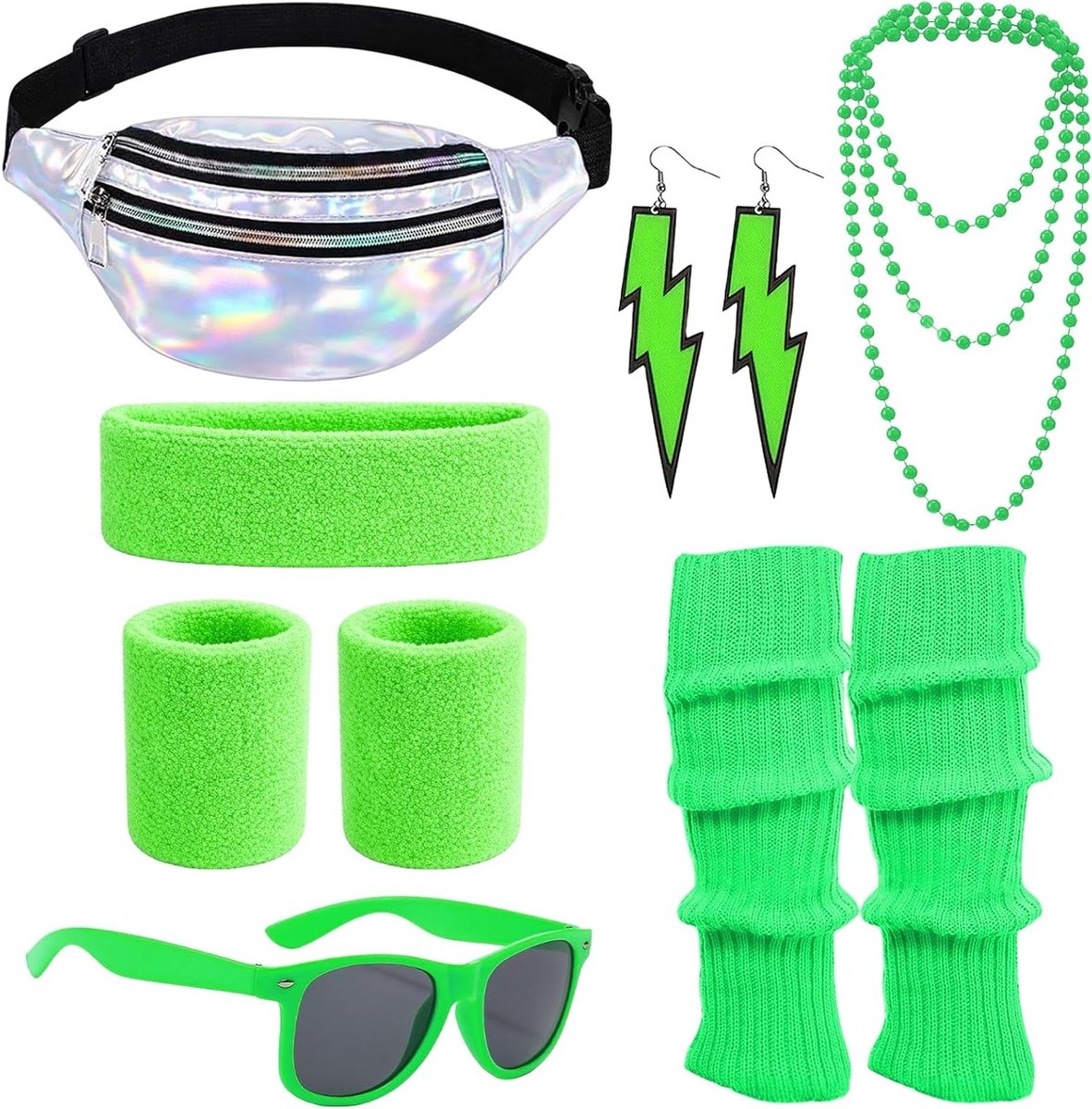 Retro 80s dames outfit met kostuum accessoires zoals hoofdband, beenwarmers en oorbellen voor carnaval en themafeesten