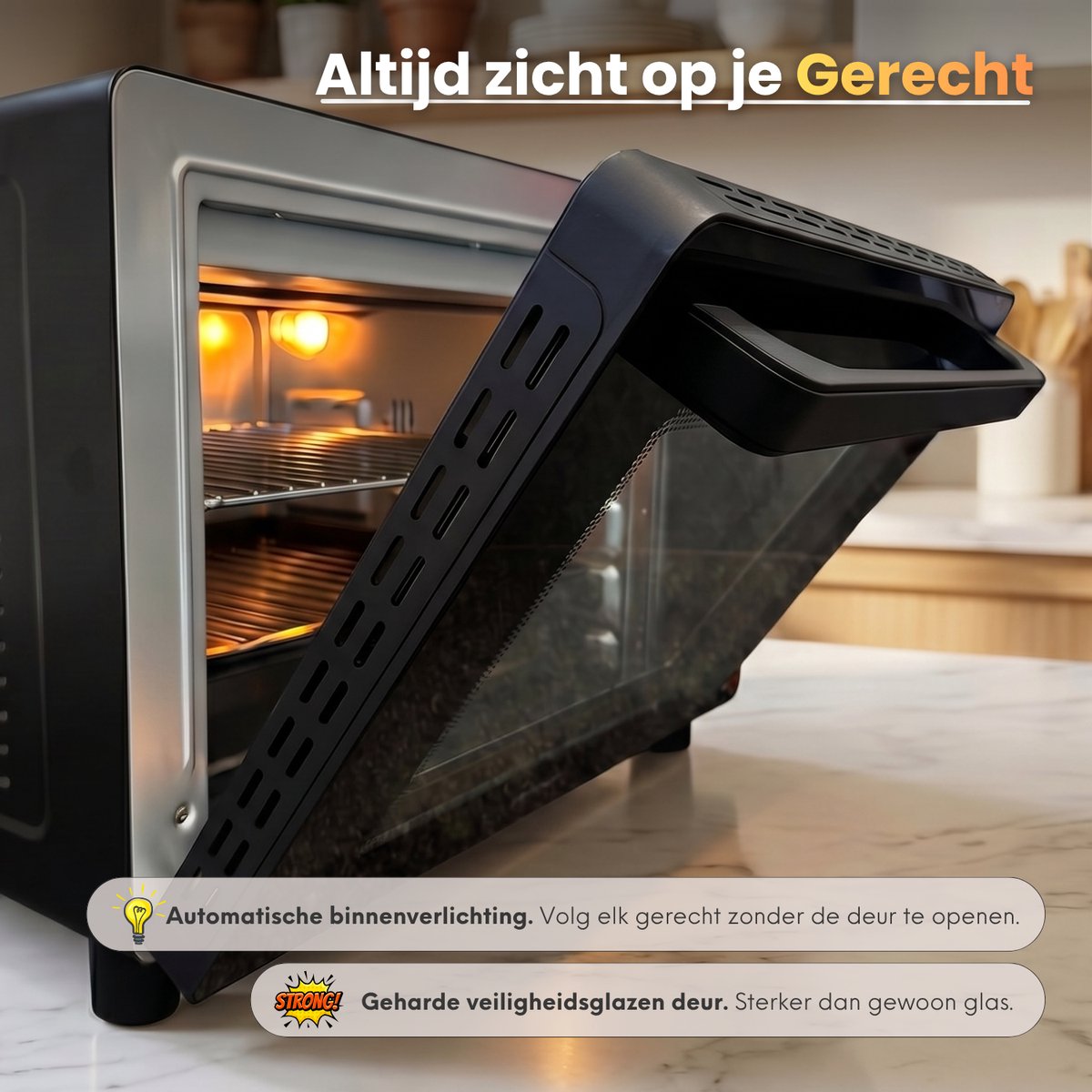 COOK-IT Vrijstaande Oven - 46L - 6 Ovenstanden - Hetelucht - PFAS Vrij - Grill - Draaispit - 90 tot 230°C - Zwart – foto 5