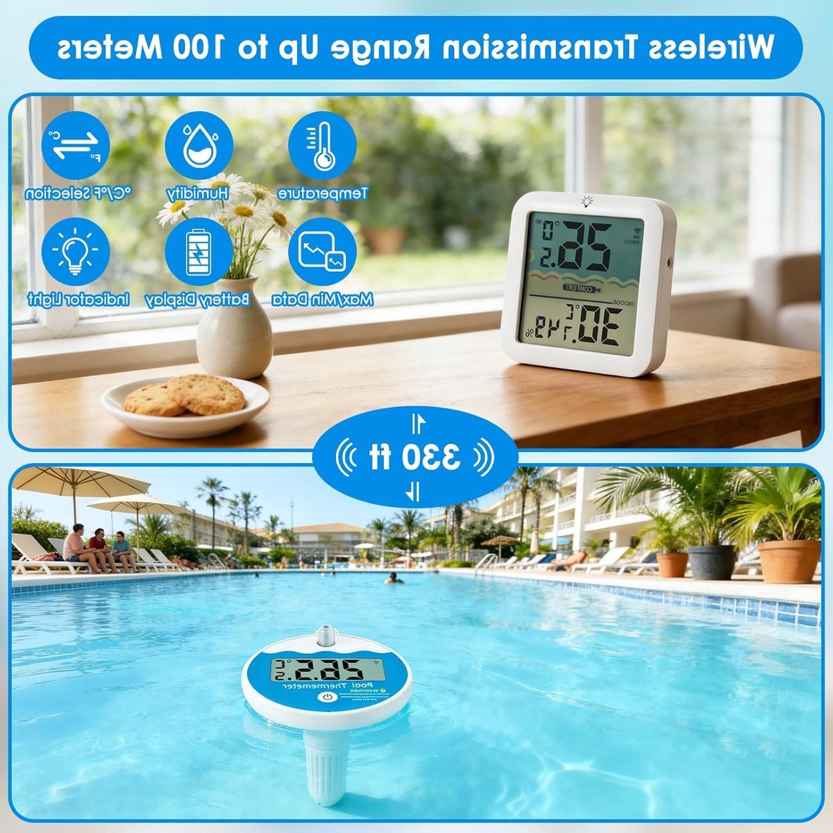 Draadloze Zwembadthermometer - Zwemband Thermometer Water - Water Temperatuur Meten - IP68 Waterdicht Zwevend - 100m Bereik - Wit