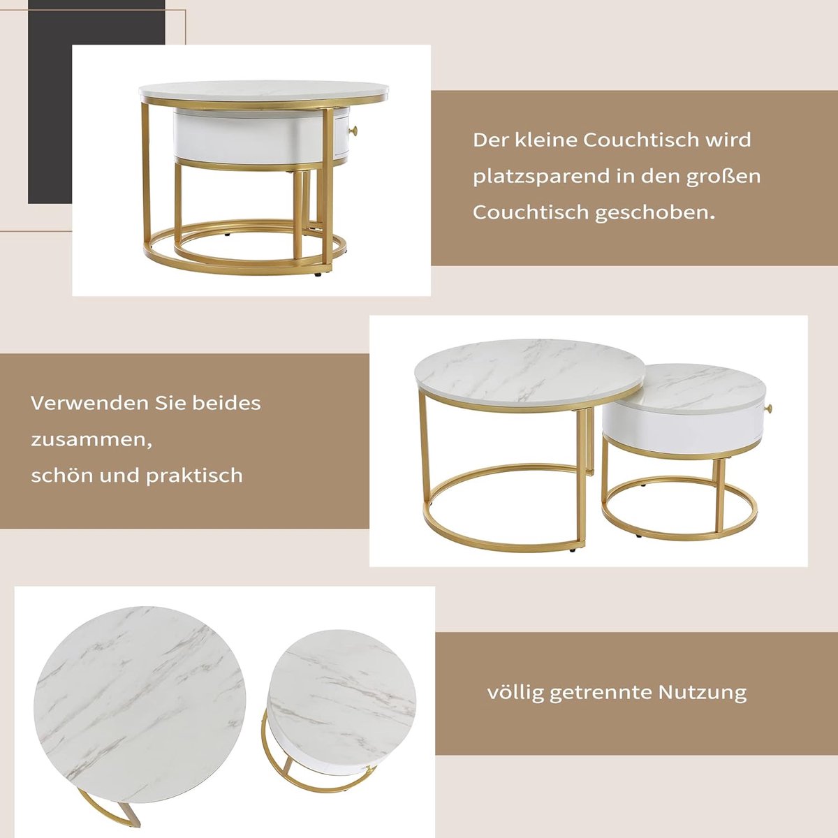 Ronde salontafel set van 2 – hoogglans marmerlook wit met goudkleurig metalen frame – bijzettafel met lade – nesting koffietafels voor woonkamer, balkon en hal – moderne design tafels – House&Garden