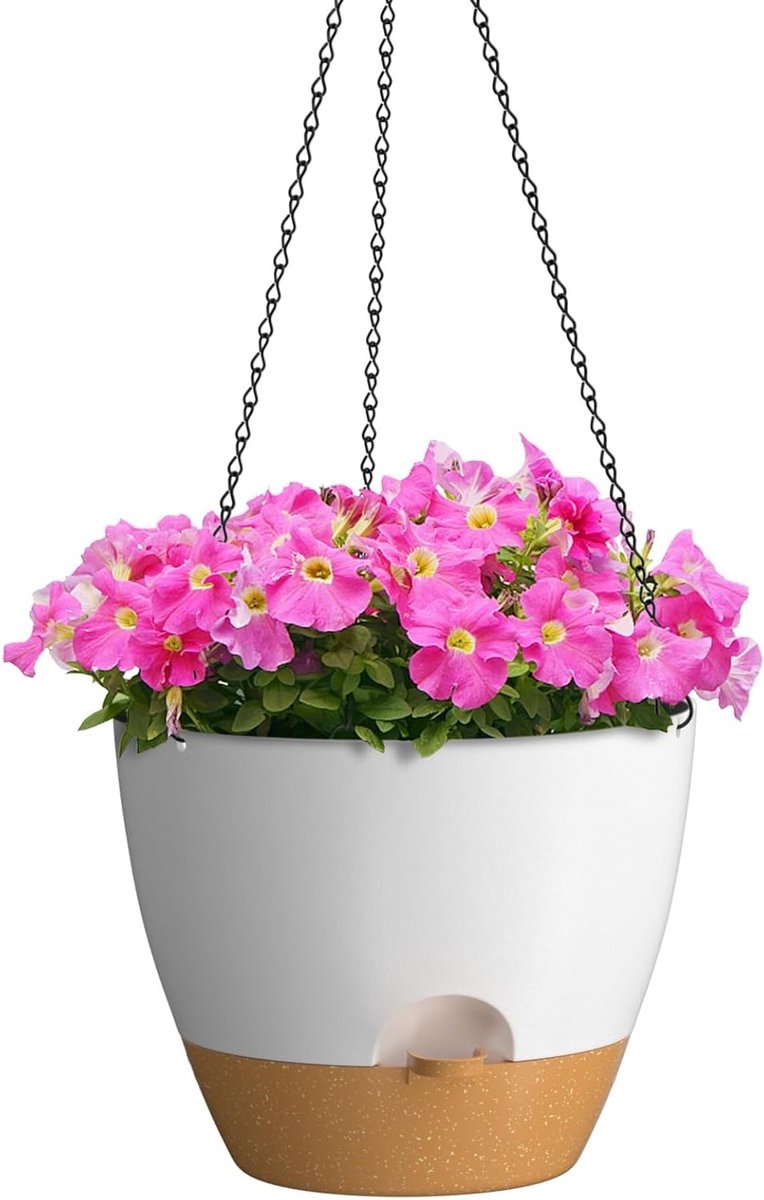 30cm Hangende Plantenpot met Waterinlaat - Zelfwaterende Bloempot met Afvoergaten en Schotel voor Binnen en Buiten Planten (Wit)