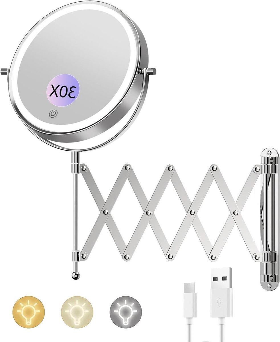 Oplaadbare Make-up Spiegel met 1x/10x Vergroting, 3 Kleuren Verlichting en Aanraakscherm, 360° Draaibare Wandspiegel voor Badkamer en Hotelgebruik