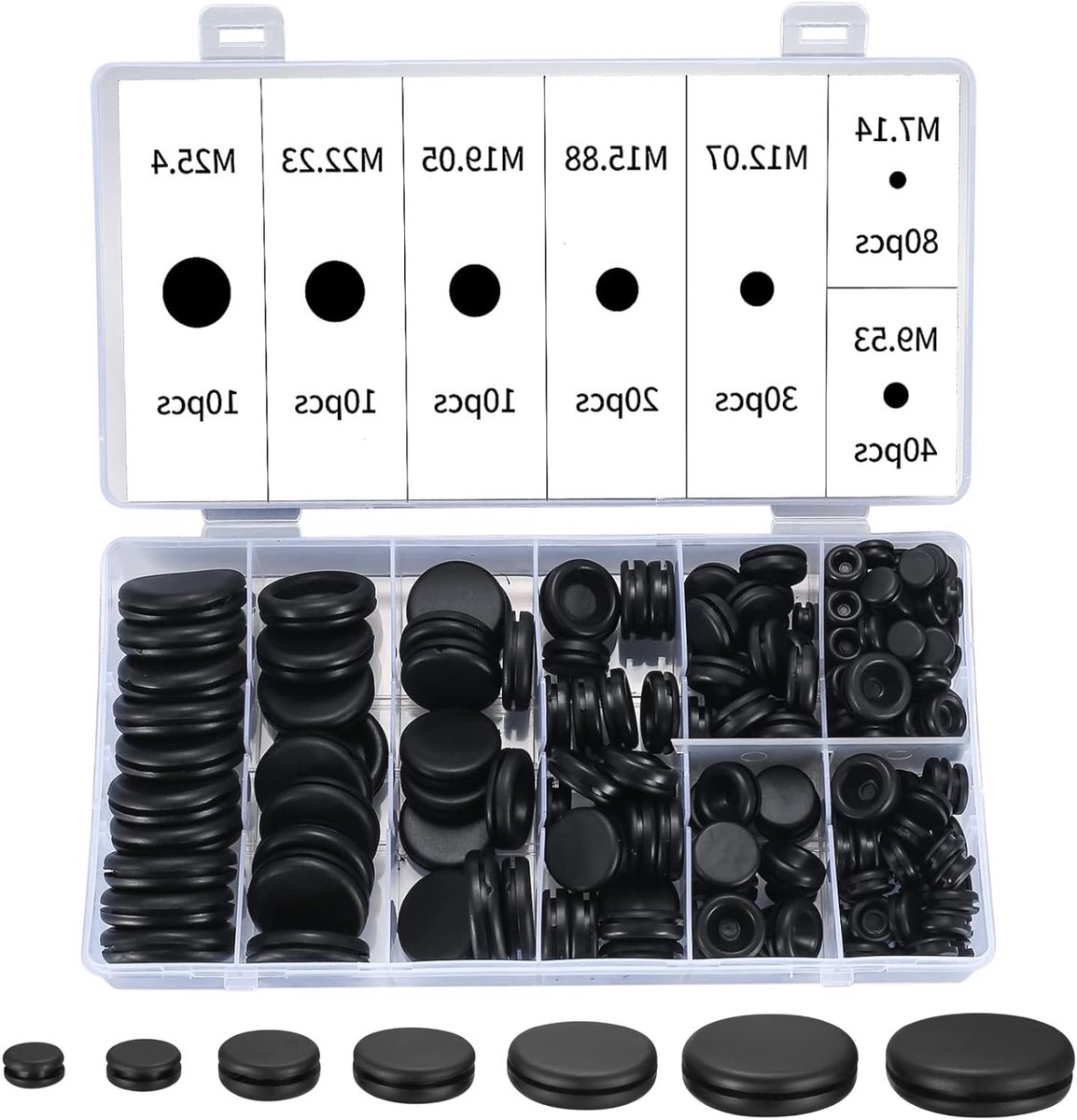 Set van 200 rubberen kabelgrommets en blinde pluggen, zwart assortiment voor kabels en aansluitingen