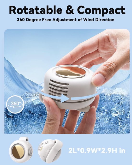 Draagbare mini ventilator met clip, bladloos, 3 snelheden, USB-C oplaadbaar, 360° verstelbare airflow, stil