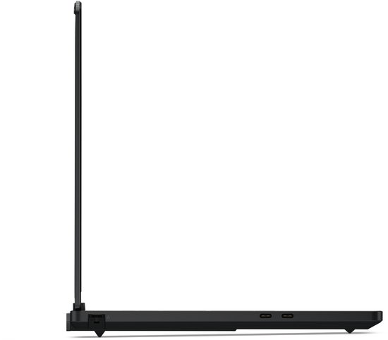 Profiel van een open zwarte Lenovo Legion laptop, dun profiel.