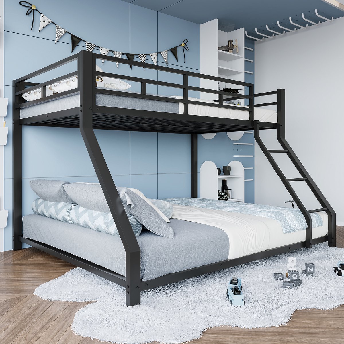 Kinderbed Stapelbed 90*200 cm 140*200 cm, Tienerhoogslaper - Kinderhoogslaper met Leuning en Opstapje, EN747 Gecertificeerd, Zonder Matras, Metaal-Zwart