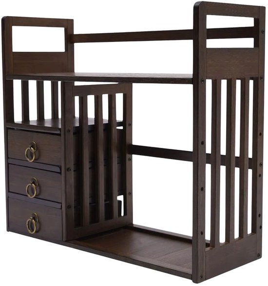 Foto: Bureau boekenplank met 3 laden voor het opbergen van boeken en kantooraccessoires multifunctioneel opbergrek voor georganiseerd gebruik op bureau 50 0 30 0 60 0 cm naturel bamboe en zwart bamboe en metaal