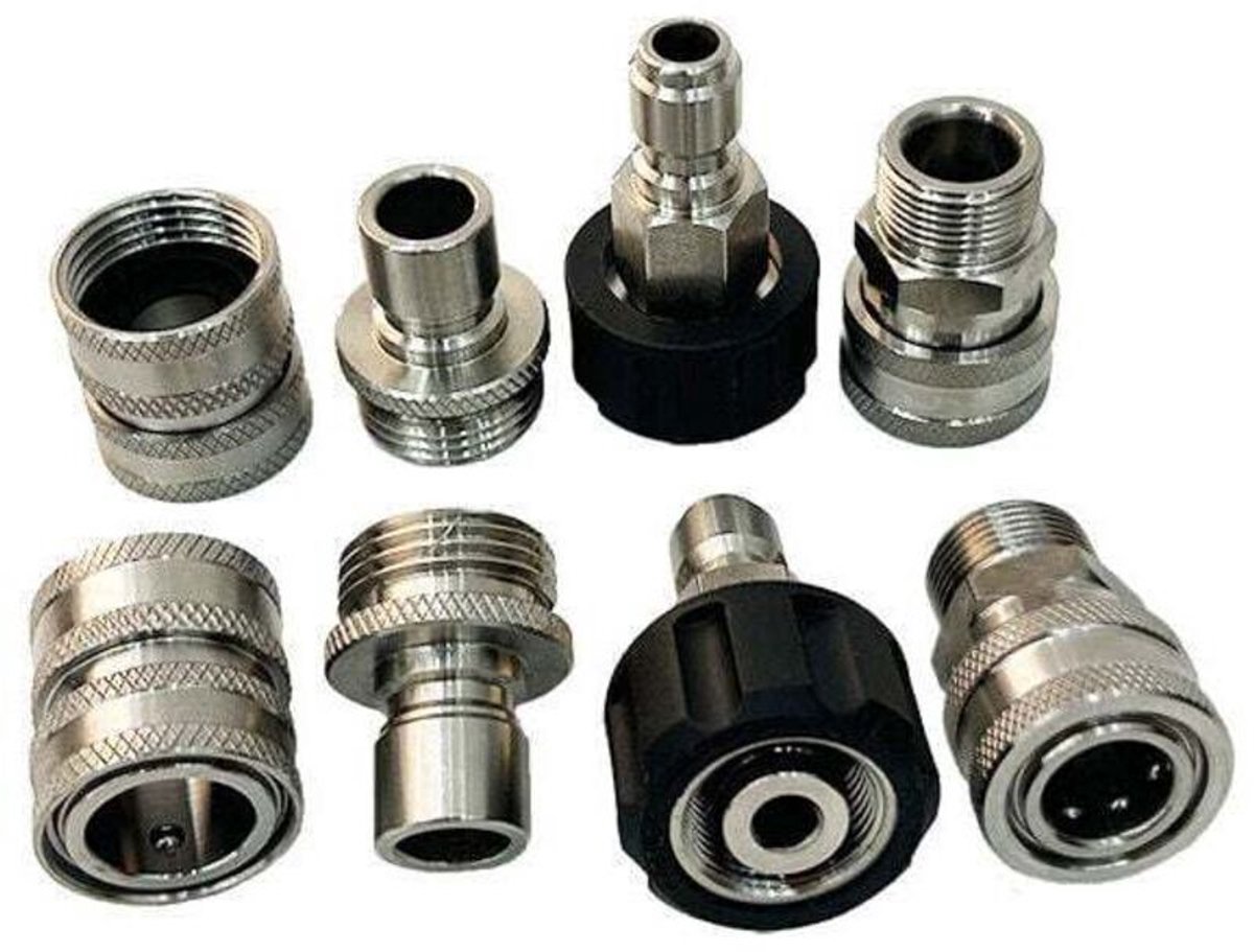 Accessoires geschikt voor hogedrukreinigers, 8-delige snelkoppeling hogedrukslangset, geschikt voor Cannon spuitpistolen en metrische slangen, M22-14mm adapter, M22 3/8" snelkoppeling 3/4" ontkoppelaar.
