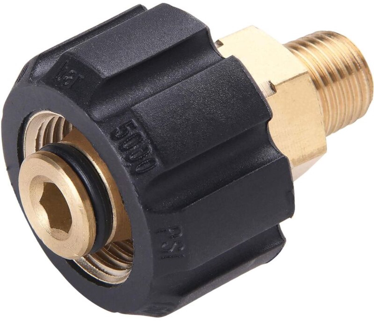 De hogedrukreiniger is geschikt voor adapters met een binnendraad van M22 metrisch naar een buitendraad van 1/4 inch NPT, tot een druk van 5000 PSI.