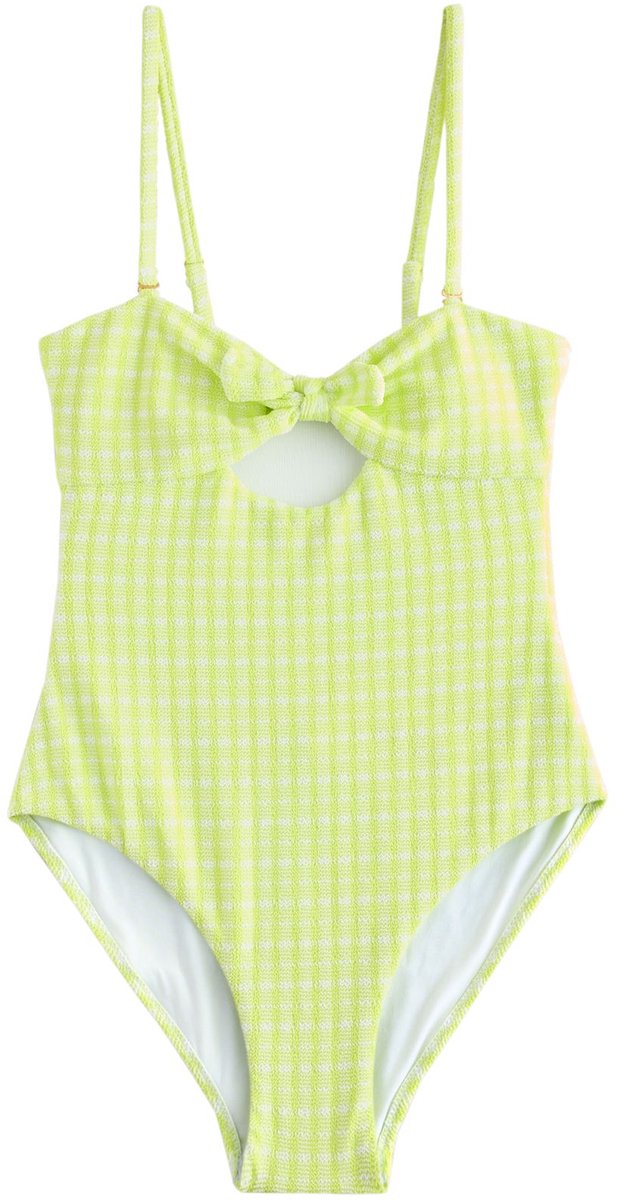 Next Dames - Bandeau-badpak met strik voorkant - Groen Lime Green Gingham Crinkle