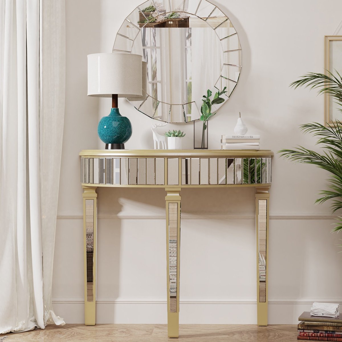 Artloge Consoletafel - Halfmaan Wandtafel - Haltafel - 90x80.5cm - Spiegelend - Zilver/Goud