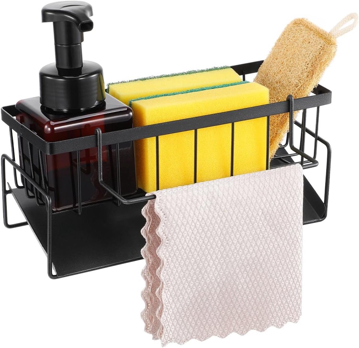 Multi-functionele afvoerhouder voor sponsen en borstels, ruimtebesparende opbergoplossing voor keuken en badkamer, zwart organizer voor aanrecht en wastafel