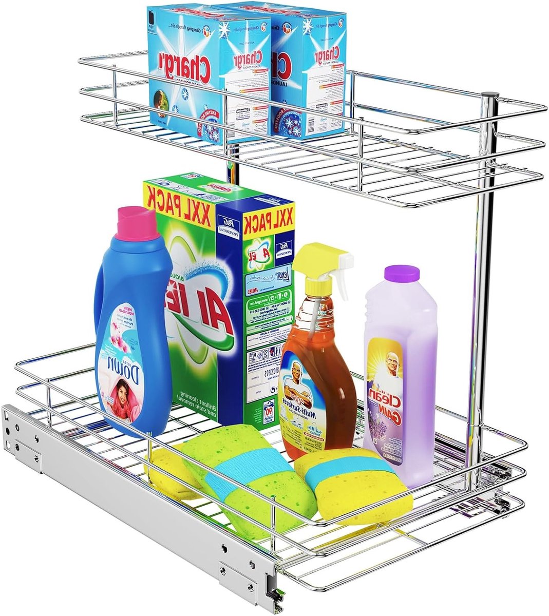 2-Tier Uittrekbare Keukenorganizer met Draadmanden en Lade - Onder de Gootsteen Opbergrek, 27 x 44 x 37 cm, Geschikt voor Minimaal 32 cm Kastopening, Chroom Afwerking