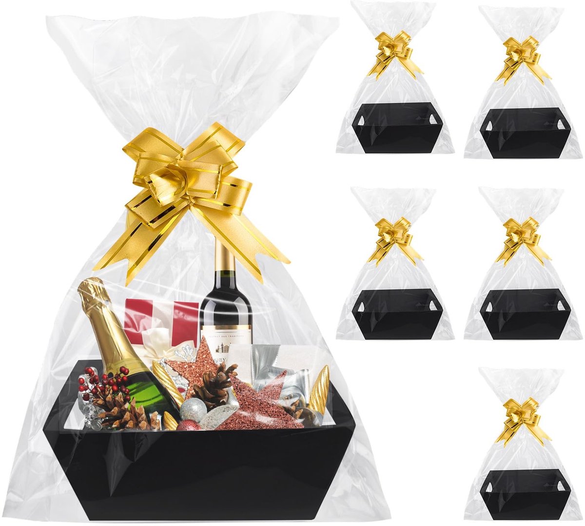 Dailygoody - Set van 6 geschenkmanden - Kartonnen geschenkmanden - Handgrepen en strik - Zwart - Lege geschenkmanden - Voor Kerstmis en feesten -