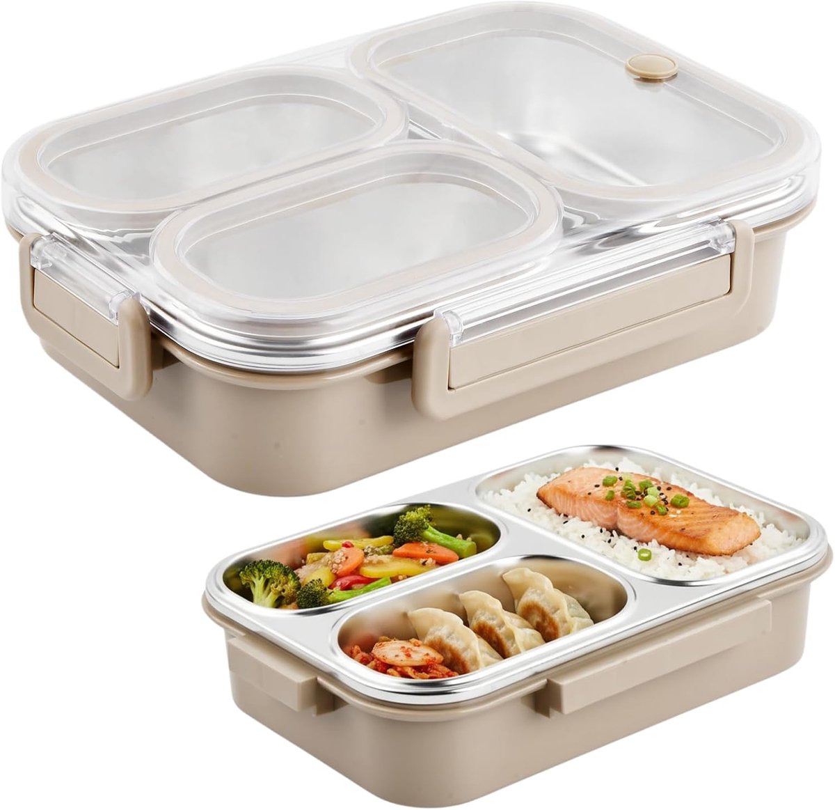 KZQ Roestvrijstalen broodtrommel 800 ml met 3 vakken, lekvrije lunchbox voor volwassenen en kinderen, bento box voor school en werk, kaki