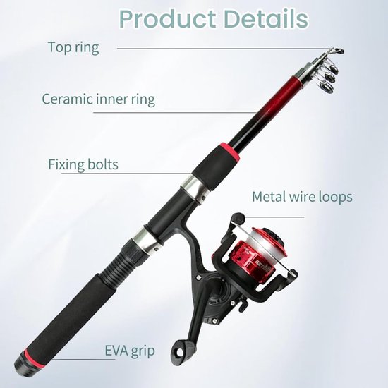 Lichtgewicht kindervisset, telescopische hengel- en molencombo's met volledige kits aaskoffer en draagtas, 150CM camouflagevisset voor beginners en jeugdvissen (Rood) — afbeelding 2