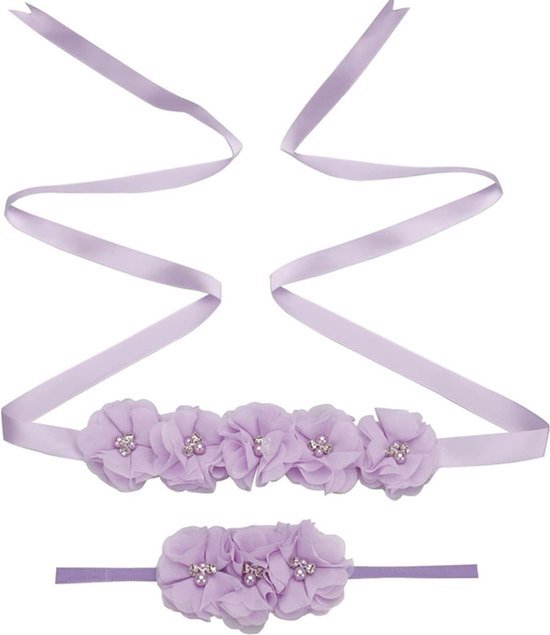 Hoofdband jurk riem set met strass en parels geschikt voor baby pasgeborenen zwangere vrouw kinderen prom verjaardag herdenkingsdag lichtpaars.