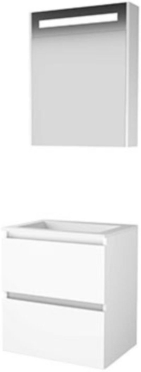 Basic-Line Premium 46 Badkamermeubelset - 60 x 46 cm - Greeploos - 2 Lades - Acryl Wastafel - Zonder Kraangat - Spiegelkast met LED Verlichting - Ice White