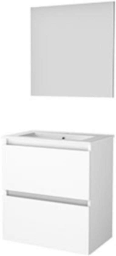 Witte badmeubelset met twee lades, een wastafel en een spiegel op een witte achtergrond.
