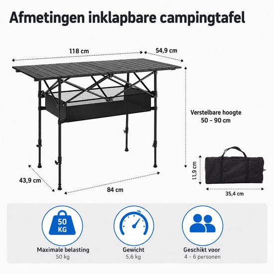 Jensaro Campingtafel Opvouwbaar 118x54.9 CM - Aluminium Klaptafel - Picknicktafel Buiten - Met Opbergmand - Lichtgewicht - Zwart van Merkloos — afbeelding 5