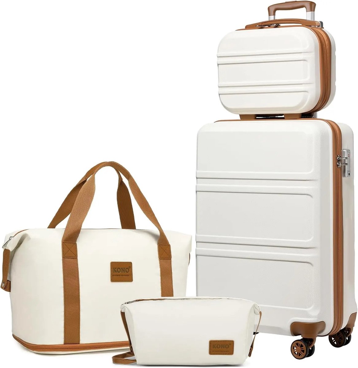 Stervia 4 delige Reiskofferset - Trolley - Reiskoffer - Handtas - Toilettas - Handbagage - Beautycase - Creme/Bruin - 51.5 x 38 x 21 cm (trolley)
