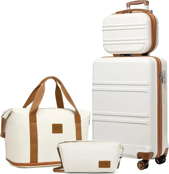 Stervia 4 delige Reiskofferset - Trolley - Reiskoffer - Handtas - Toilettas - Handbagage - Beautycase - Creme/Bruin - 51.5 x 38 x 21 cm (trolley)
