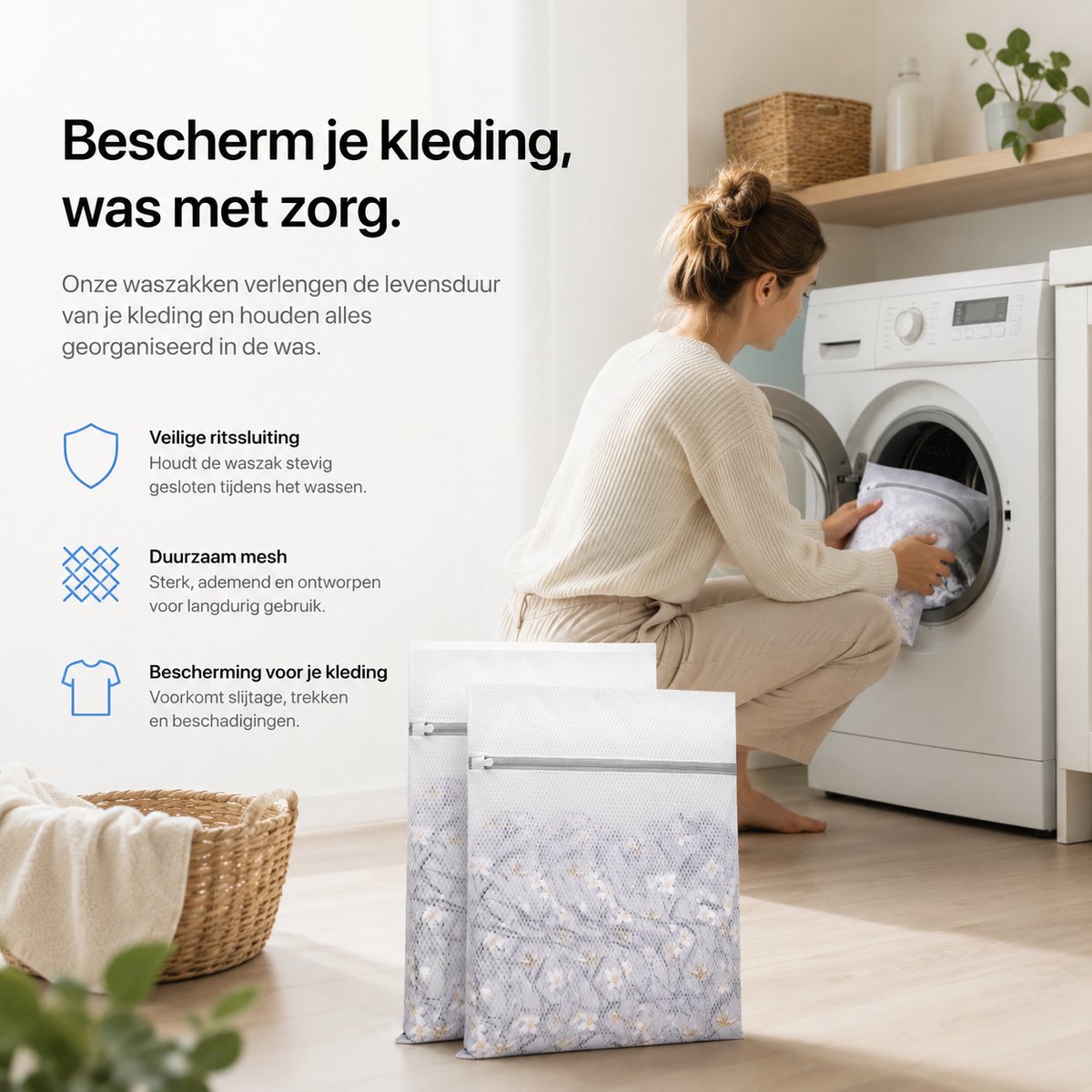 BOTC Waszakken - 60x90cm Waszak Groot - 1 Set van 2 - Bescherm je Wasgoed en Wasmachine - Wit — afbeelding 3