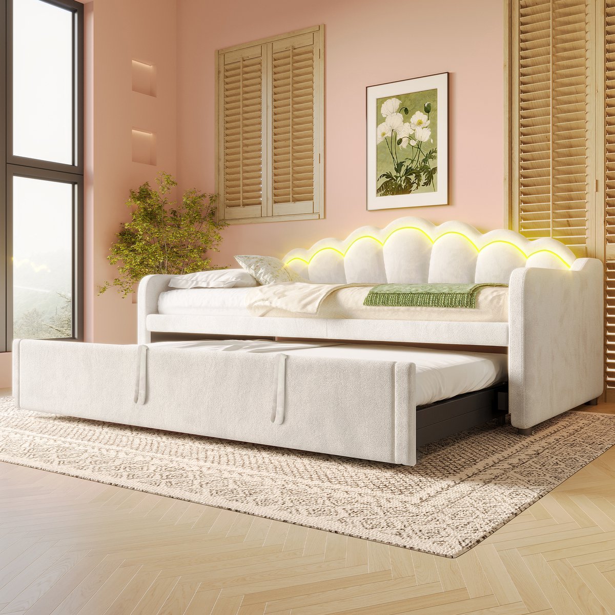 Clruro Slaapbank - 90x200/180x200 cm - met Uitschuifbed en LED - Fluweel - Beige