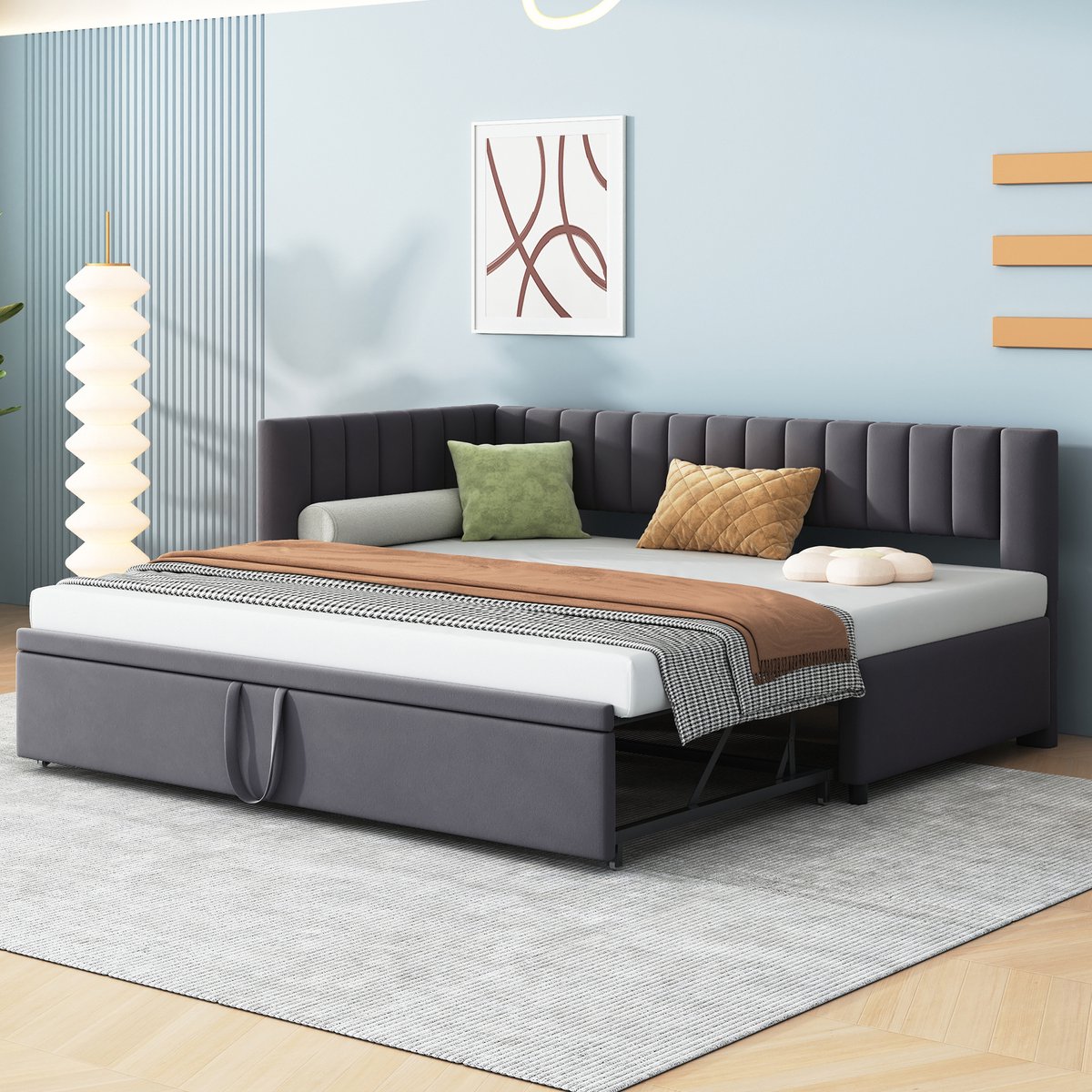 Slaapbank - 90/180x200 cm - L-vorm met Uitschuifbed - Fluweel - Grijs