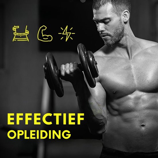 Zwart-witfoto van een man die een dumbbell optilt. Iconen van lichaamsvorm, biceps en energie. Tekst: Effectieve training.