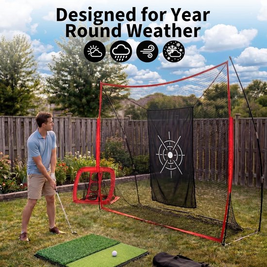 Golfnet Set 304*213*91cm, Golf Oefennet met Mat & Doel, Draagbaar Golf Hitting Net voor Binnen & Buiten, Robust Golf Trainingsnet voor Tuin, Garage & Achtertuin, Rood+Zwart — afbeelding 5