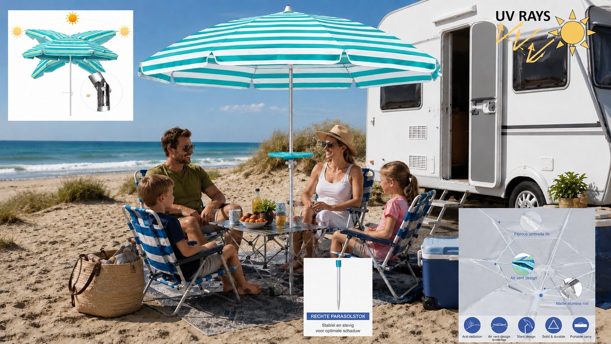 Pincho - LUXE ALUMINIUM STRANDPARASOL 200 cm - TURQUOISE - Stok met RECHTE punt - 16 BALEINEN (ipv 8) -UV Bescherming 99% UPF 50+ - Kantelbaar & Verstelbaar - Draagtas - Windvaan - Strandparasol - Tuinparasol – Stokparasol