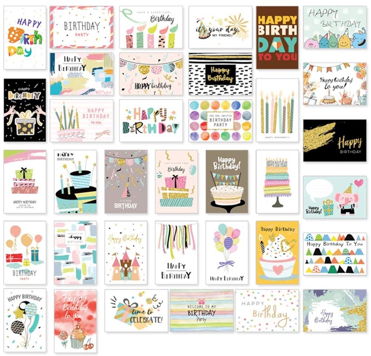 Dailygoody - Verjaardagskaarten set - 36 unieke ontwerpen - Perfect voor kinderen - Met enveloppen - Premium wenskaarten - Geschikt voor elke verjaard