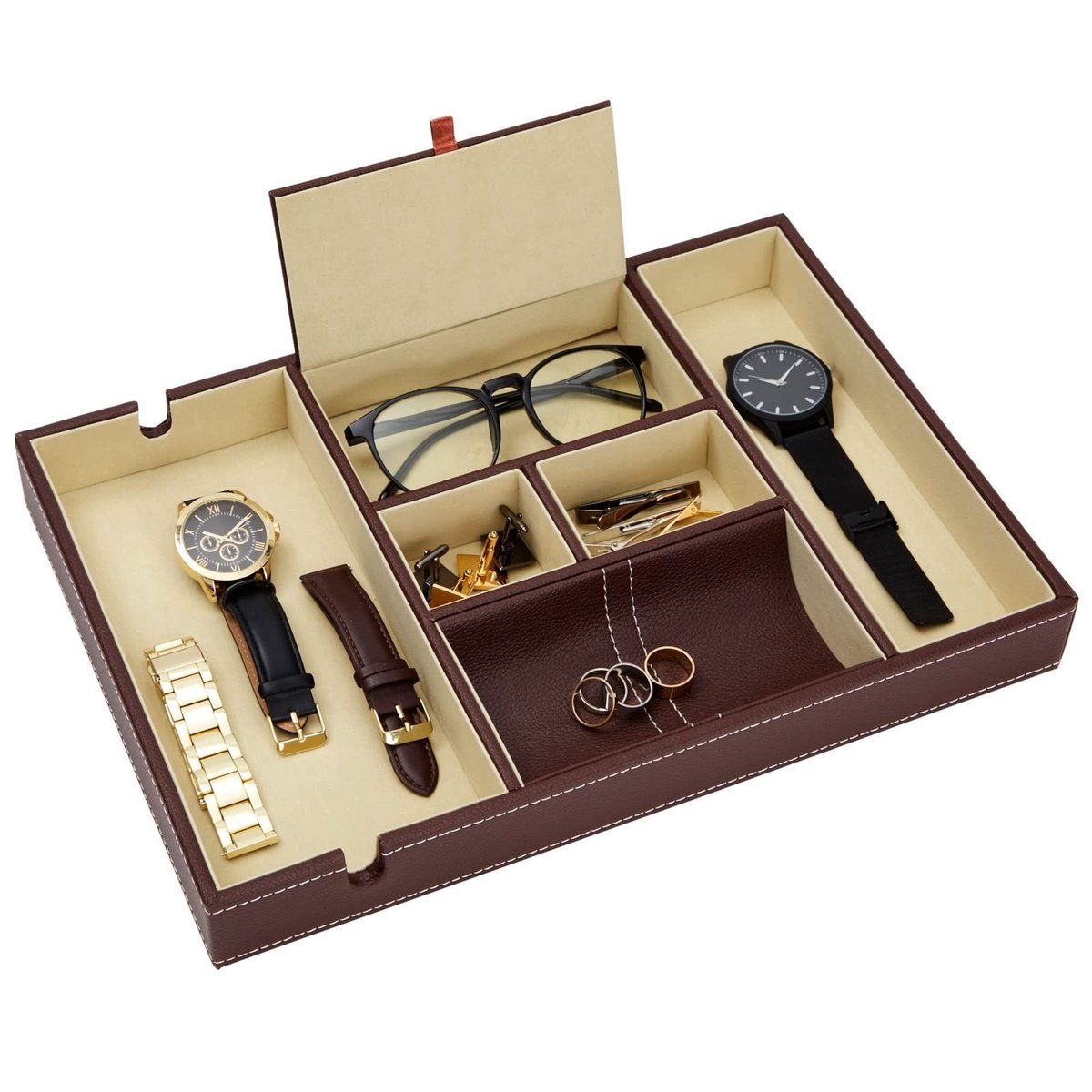 Dailygoody - Lederen Valet Tray - Nachtkastje Organizer - Bruin - 6 Compartimenten - Telefoons en Sleutels - Geschikt voor Mannen