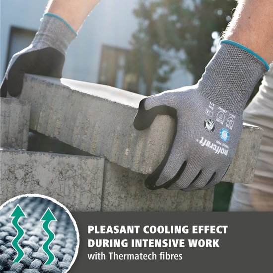 Grijs met zwarte werkhandschoenen, handen stapelen betonnen blokken. 'Cooling effect'.