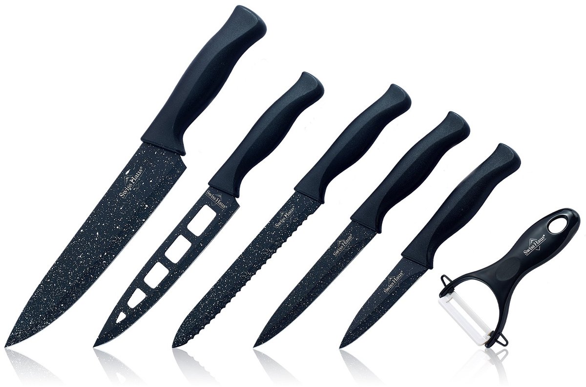 Swiss Haus® KS6BS Messenset - 6 Delig Professionele Koksmessen Set met Broodmes, Koksmes, Vleesmes & Dunschiller – Antiaanbaklaag – Inclusief Geschenkdoos - Zwart