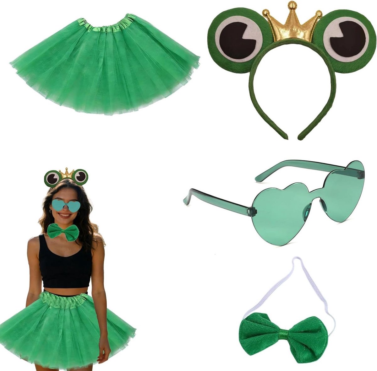 Frog Kostuum Set voor Volwassenen en Kinderen, Inclusief Hoofdband, Groene Strik, Hartvormige Zonnebril en Rok, Ideaal voor Halloween, Carnaval en Cosplay Feesten