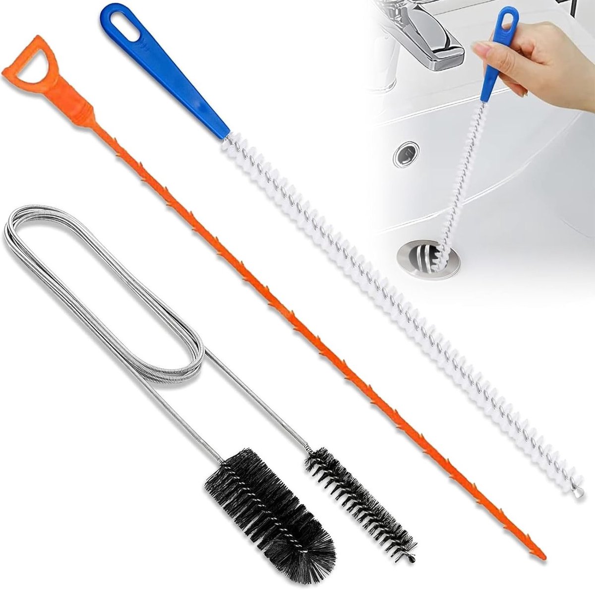 Set van 3 Spiralen voor Afvoerreiniging, Buizenreiniger, Afvoerborstel voor Keuken en Douche, Effectieve Oplossing tegen Verstoppingen