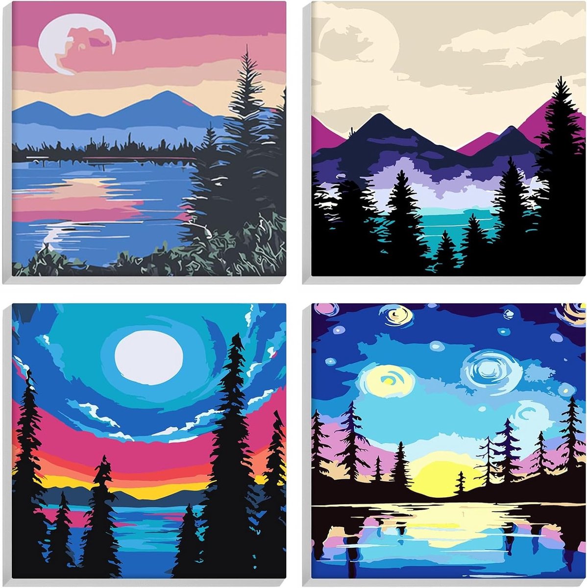 4 Pack Schilderen op Nummer voor Volwassenen en Kinderen met Lijst, Acrylverf en Canvas, Creatieve DIY Schilderkits voor Beginners en Ervaren Kunstenaars