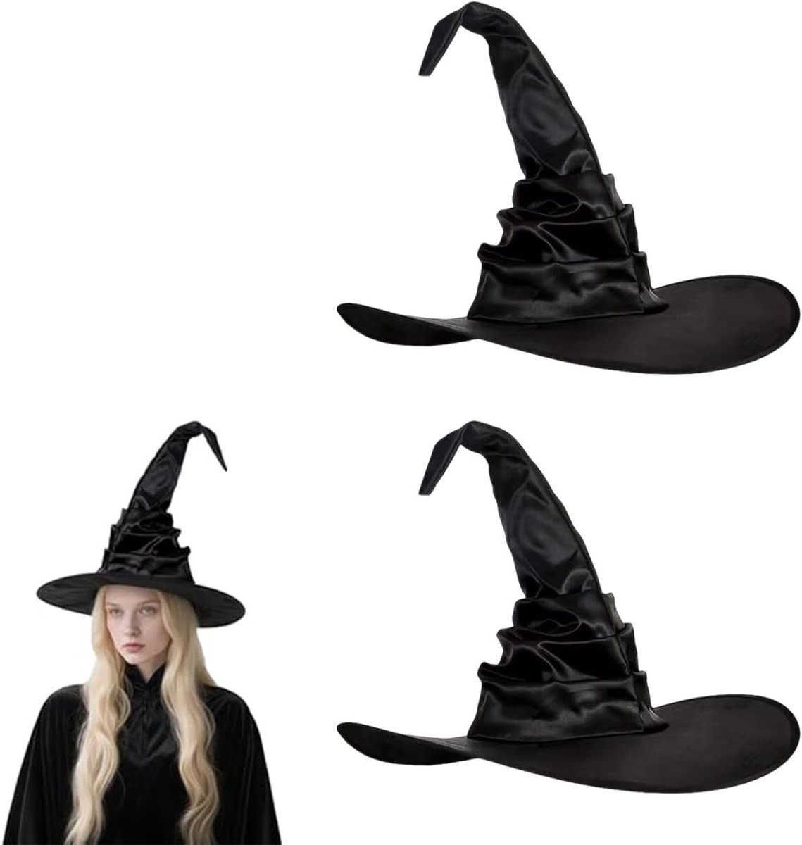 Elegante klassieke heksenhoeden in zwart met brede rand, ideaal voor Halloween, carnaval en cosplay feestjes