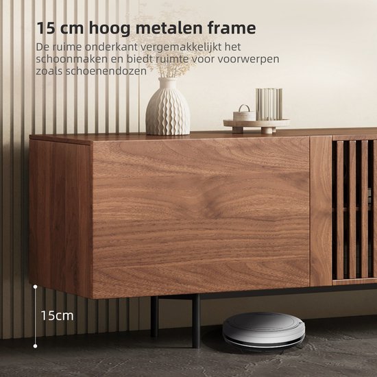 Dichtbij-aanzicht van het 15cm hoge metalen frame onder een tv-meubel van walnoothout.