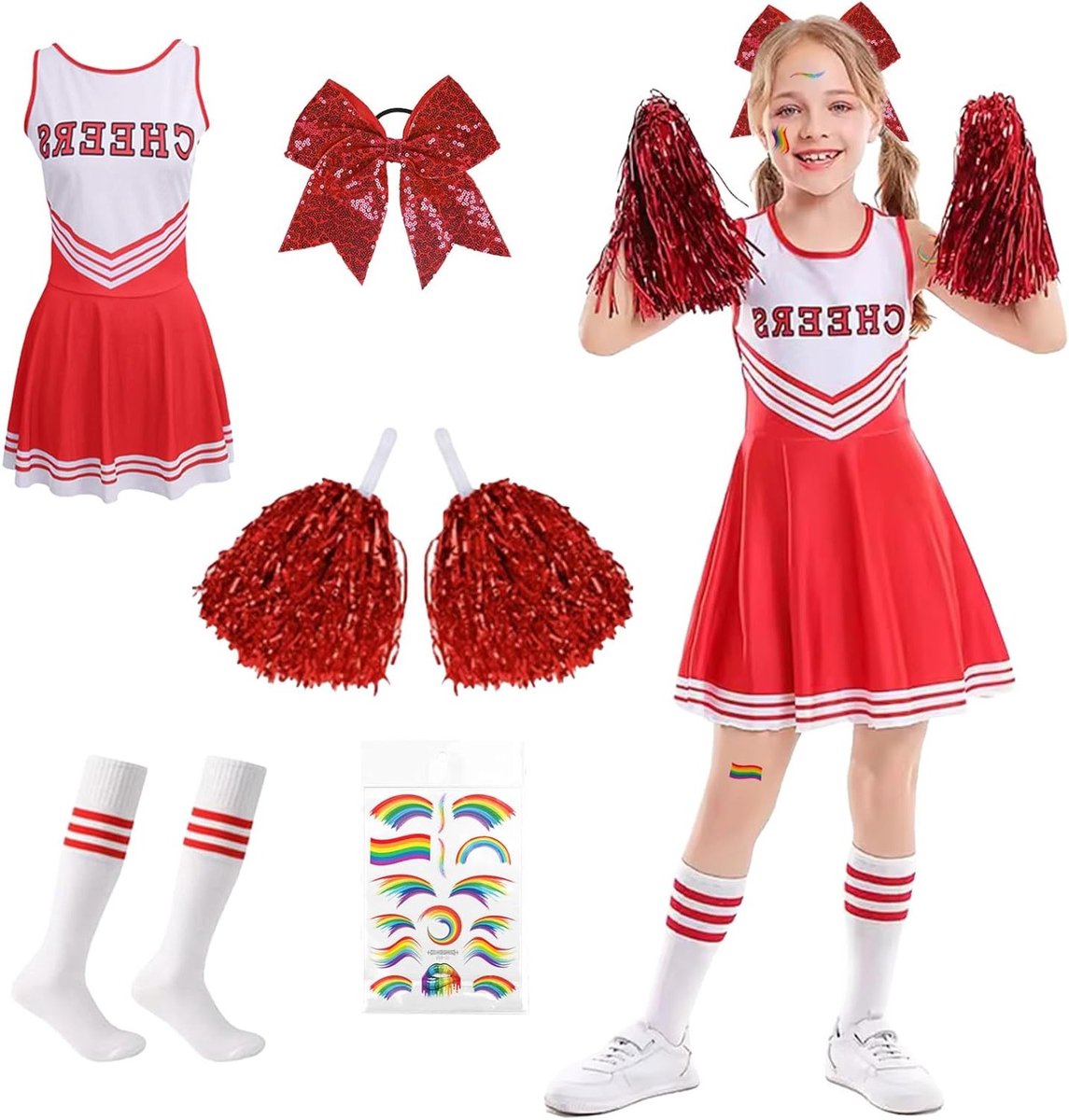 Leuke Rode Cheerleader Kostuum voor Kinderen met Pompoms, Sokken en Strik - Perfect voor Carnaval en Feestjes