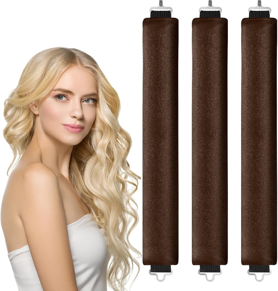 Heatless Hair Curler voor Mooie Krullen, Zachte Haarrollers voor Alle Haartypes, 3 Stuks met Haak (Bruin)