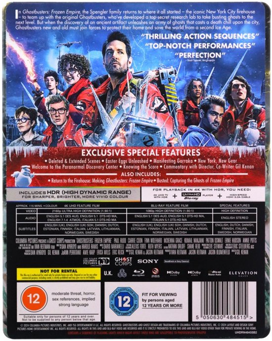 Achterkant van de Ghostbusters: Frozen Empire 4K Ultra HD Blu-ray met de cast en exclusieve extra's.