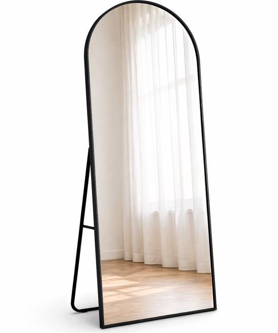 Boogspiegel Zwart - 75x180 CM - Wandspiegel - Staande Spiegel met Metalen Rand - Zwart - Kleedkamer Spiegel