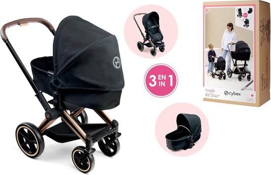 Zwarte 3-in-1 poppenwagen met bruin handvat en koperkleurig frame, met afbeeldingen van accessoires.