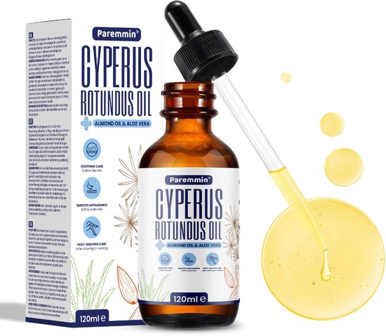 Flesje Paremmin Cyperus Rotundus Olie met pipet, omringd door bloemen en bladeren. Tekst in het Nederlands, Engels en Frans.
