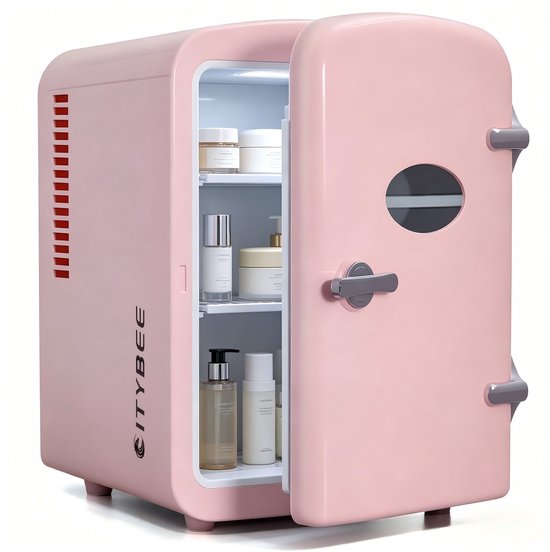 Mini koelkast 4L draagbaar 12V/230V stil 25dB voor eten, drinken, cosmetica – roze, auto, camping, kantoor