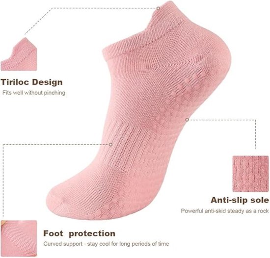 5 Paar - Dames Antislip Yoga Pilates Sokken - Yoga Sokken - Antislip sokken - Ademend Katoenen Enkelsokken met Grip - Roze, zwart, grijs, wit, paars - Voor Ballet, Dans, Fitness & Dagelijkse Workouts van Merkloos — afbeelding 5
