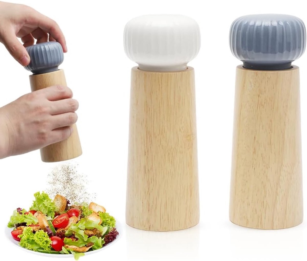 Houten en keramische zout- en pepermolen set van 17,5 cm, handmatige specerijmolens met verstelbare maalgraad, eenvoudig bij te vullen en antislip ontwerp
